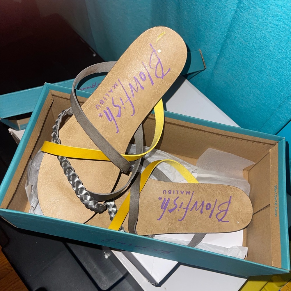 Blowfish Yellow and Gray Flat Sandals with Thin Straps